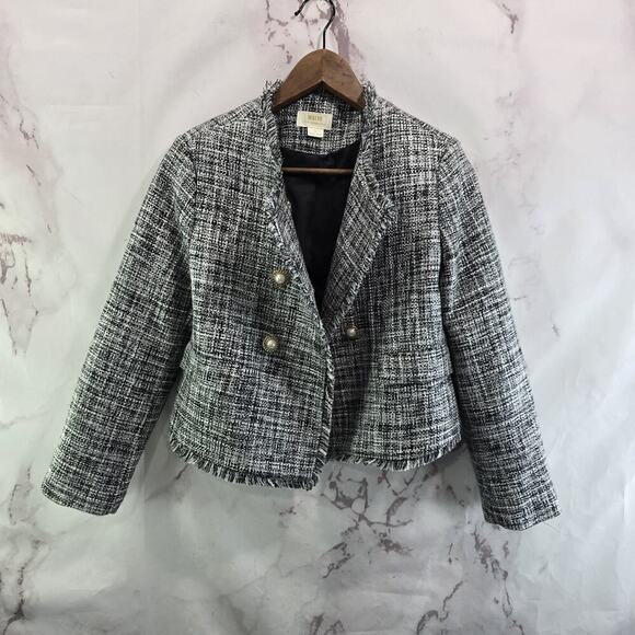 Anthropologie Blazer Women 4 P Black White Tweed Fringe Crop Boucle Pearl Maeve - Picture 1 of 13